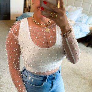 White Pearl Mesh Sheer Long Sleeve Top Bridal Bachelorette Women’s S/M